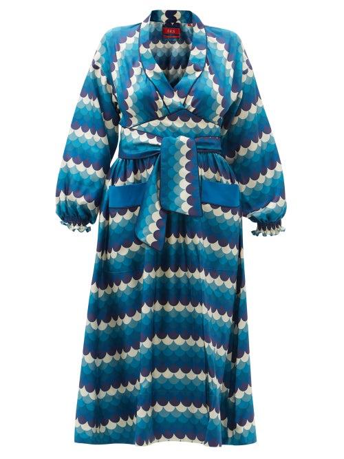 Matchesfashion.com F.r.s - For Restless Sleepers - Cleodora Wave-print Silk-faille Midi Dress - Womens - Blue Multi
