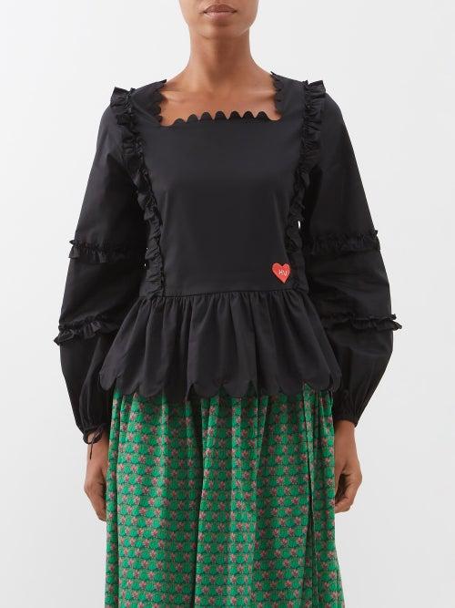 Horror Vacui - Manon Scalloped-edge Cotton Blouse - Womens - Black