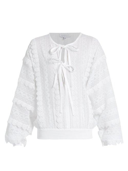 Matchesfashion.com Andrew Gn - Lace Trimmed Tie Neck Cotton Blouse - Womens - White