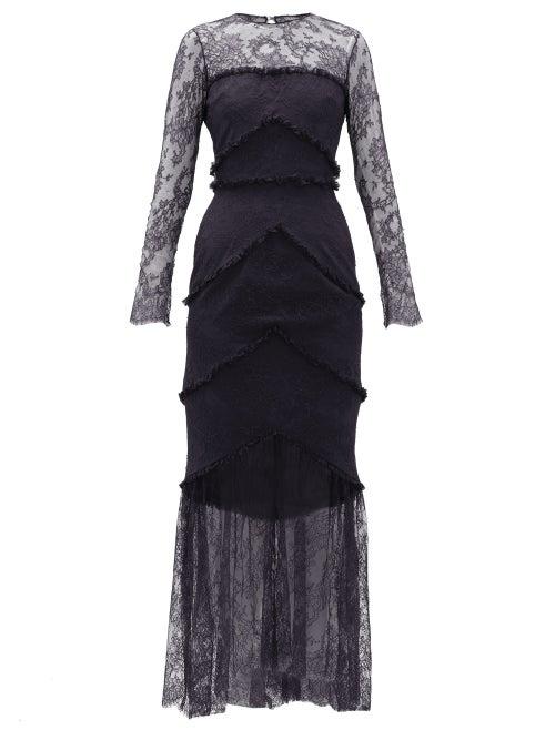 Matchesfashion.com Emilio De La Morena - Lace Trim Sheer Hem Gown - Womens - Navy Multi