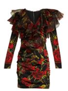 Matchesfashion.com Dolce & Gabbana - Roses Print Ruched Silk Blend Dress - Womens - Black Multi