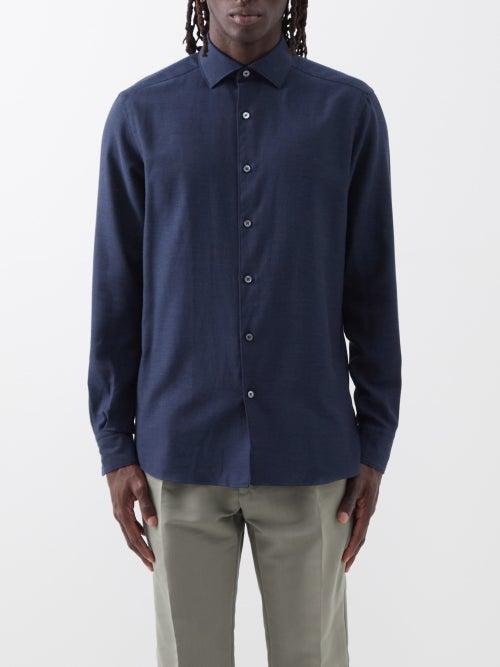 Zegna - Cashco Spread-collar Cotton-blend Twill Shirt - Mens - Blue