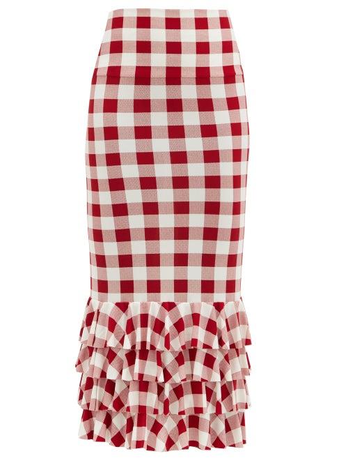 Matchesfashion.com Norma Kamali - Gingham Stretch-jersey Pencil Skirt - Womens - Red