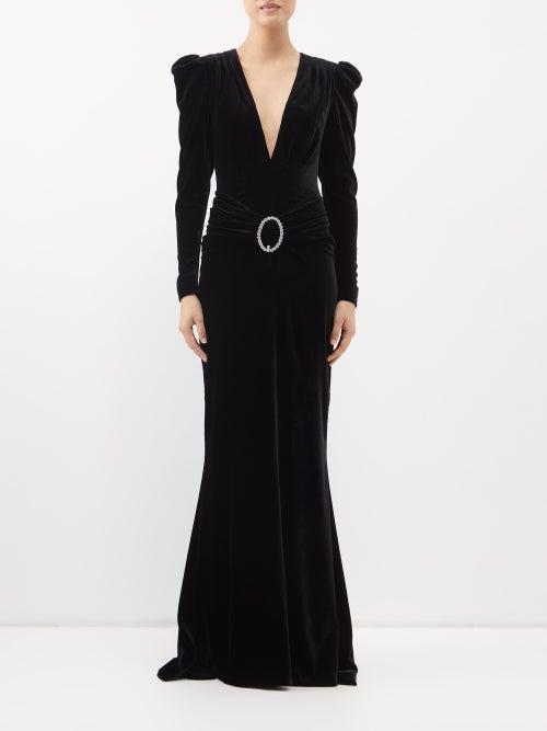 Alessandra Rich - Crystal-embellished Plunging Velvet Gown - Womens - Black
