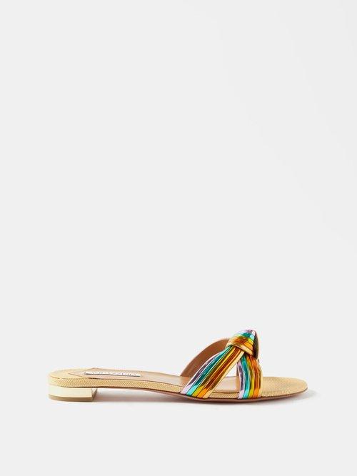 Aquazzura - Bacalar Faux Raffia & Faux Leather Sandals - Womens - Gold Multi