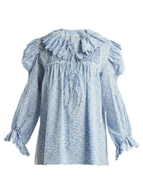 Matchesfashion.com Horror Vacui - Defensia Printed Cotton Blouse - Womens - Blue