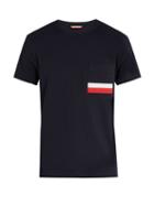 Matchesfashion.com Moncler - Stripe Appliqu Patch Pocket Cotton Jersey T Shirt - Mens - Navy