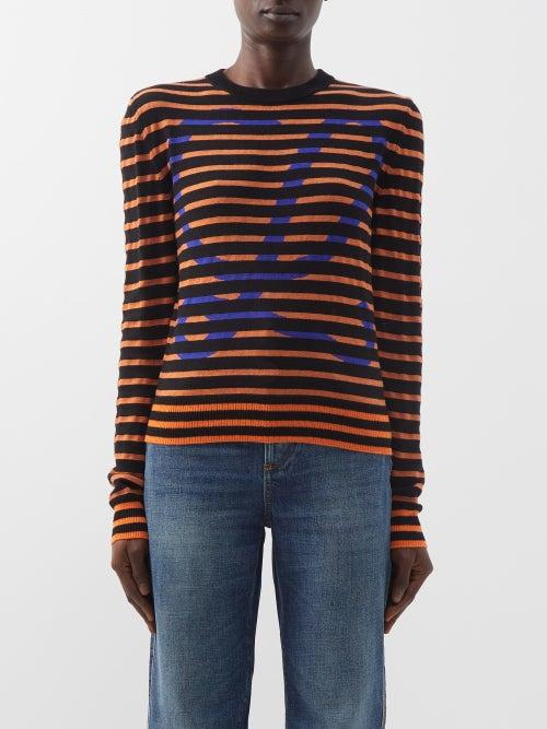 Loewe - Logo-jacquard Striped Wool Sweater - Womens - Black Orange