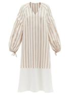 Ladies Rtw Vika 2.0 - Balloon-sleeve Striped Tencel-blend Midi Dress - Womens - Beige Stripe