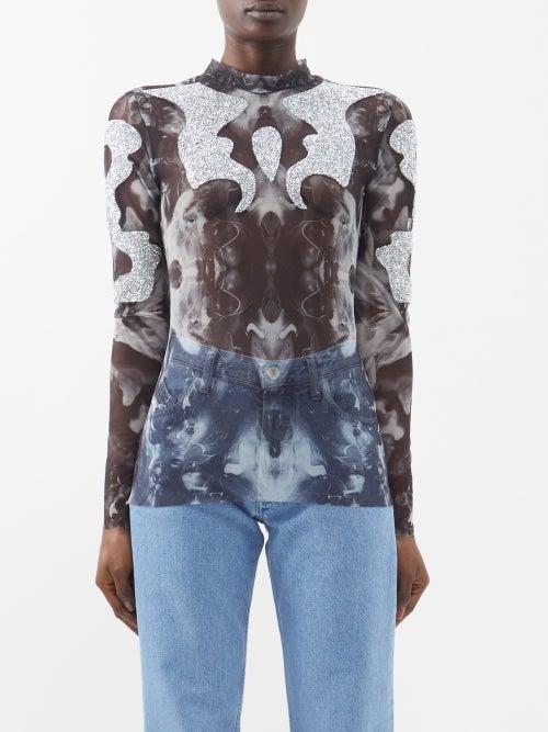 Germanier - Crystal-embellished Printed Upcycled-mesh Top - Womens - Black Silver