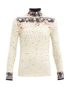 Matchesfashion.com Paco Rabanne - High-neck Floral-print Jersey Top - Womens - Navy Multi