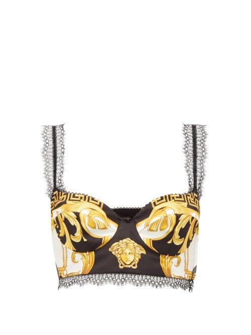 Matchesfashion.com Versace - Baroque And Medusa-print Satin Cropped Top - Womens - Black Multi