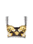 Matchesfashion.com Versace - Baroque And Medusa-print Satin Cropped Top - Womens - Black Multi