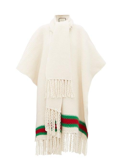 Matchesfashion.com Gucci - Oversized Moss Stitch Fringed Wool Cape - Womens - Ivory Multi