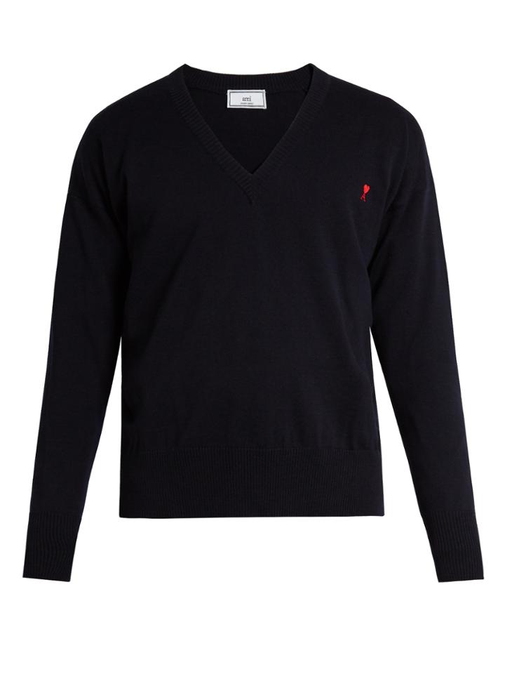 Ami Logo-embroidered V-neck Wool Sweater