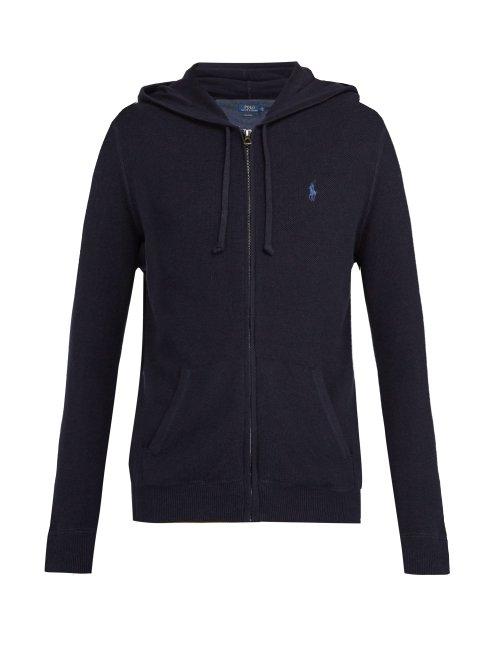 Matchesfashion.com Polo Ralph Lauren - Logo Embroidered Hooded Cotton Piqu Sweatshirt - Mens - Navy