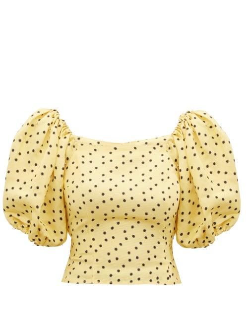 Matchesfashion.com Shrimps - Vita Polka Dot Puff Sleeve Linen Blend Top - Womens - Yellow