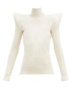 Matchesfashion.com Balenciaga - Padded-shoulder High-neck Cable-knit Sweater - Womens - Beige