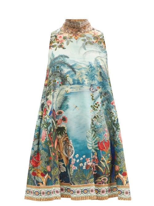 Camilla - If These Walls Could Talk Printed Silk Mini Dress - Womens - Blue Print