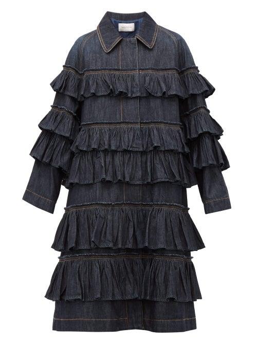 Matchesfashion.com Valentino - Ruffled Tier Denim Coat - Womens - Denim