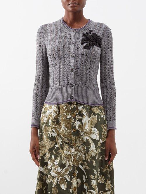 Erdem - Estelle Flower-embellished Wool-blend Cardigan - Womens - Dark Grey