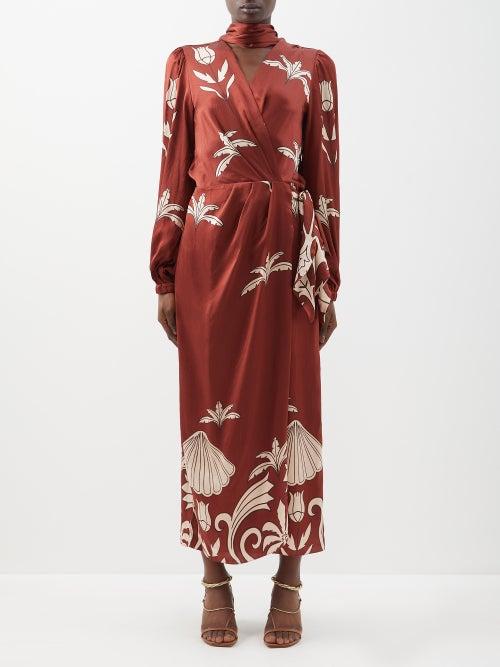 Johanna Ortiz - Palm Tree-print Silk Wrap Dress - Womens - Terracotta Multi