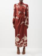 Johanna Ortiz - Palm Tree-print Silk Wrap Dress - Womens - Terracotta Multi