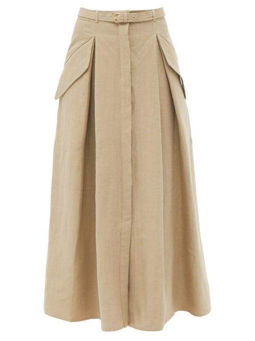 Le Kasha - Karut Belted Linen Maxi Skirt - Womens - Khaki