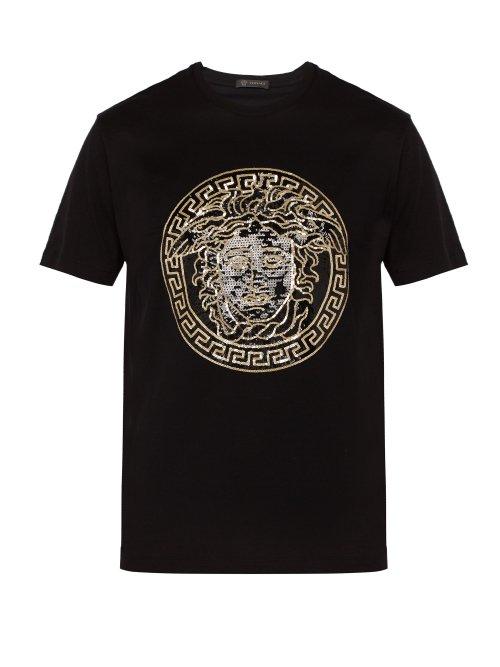 Matchesfashion.com Versace - Medusa Head Sequinned Motif T Shirt - Mens - Black