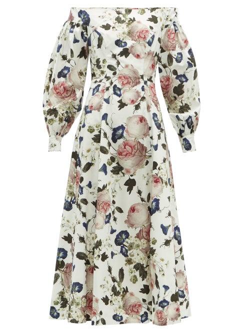 Matchesfashion.com Erdem - Polina Apsley Print Off The Shoulder Cotton Dress - Womens - White Print