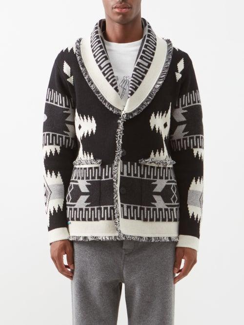 Alanui - Shawl-collar Geometric-jacquard Cashmere Cardigan - Mens - Black White