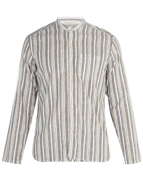 Matchesfashion.com Oliver Spencer - Striped Grandad Collar Cotton Blend Shirt - Mens - Green Multi