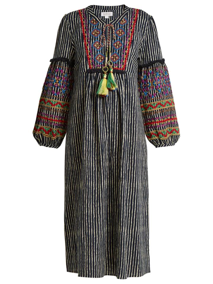Velvet By Graham & Spencer Ilene Embroidered Striped Cotton-blend Dress