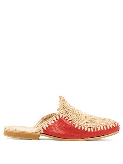 Matchesfashion.com Kilometre Paris - Barbouches Raffia And Leather Backless Loafers - Womens - Red
