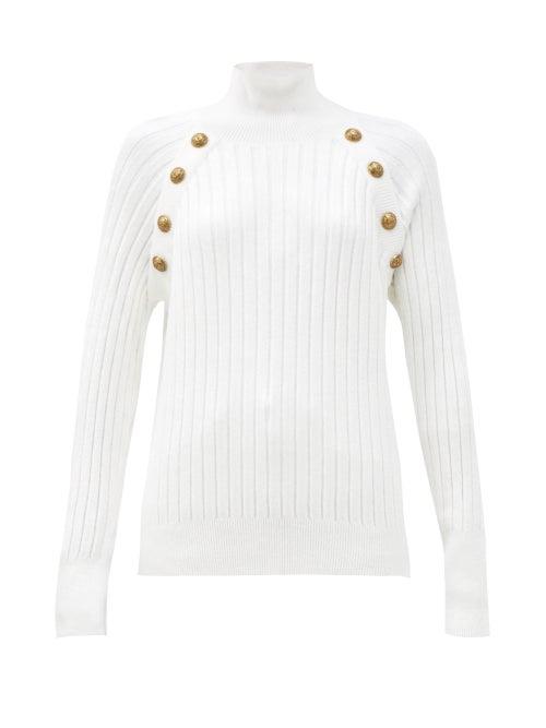 Matchesfashion.com Balmain - Crest-button Ribbed High-neck Sweater - Womens - White