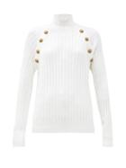 Matchesfashion.com Balmain - Crest-button Ribbed High-neck Sweater - Womens - White