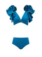 Maygel Coronel - Kai Ruffled High-rise Bikini - Womens - Blue