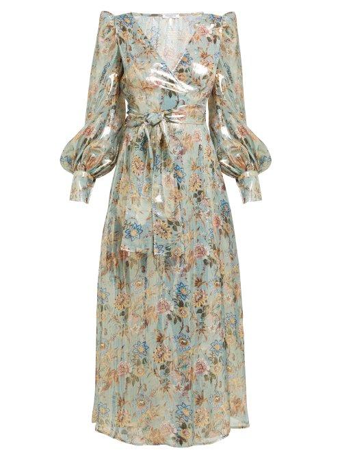 Matchesfashion.com Franoise - Floral Print Silk Blend Lam Wrap Dress - Womens - Silver