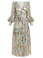 Matchesfashion.com Franoise - Floral Print Silk Blend Lam Wrap Dress - Womens - Silver