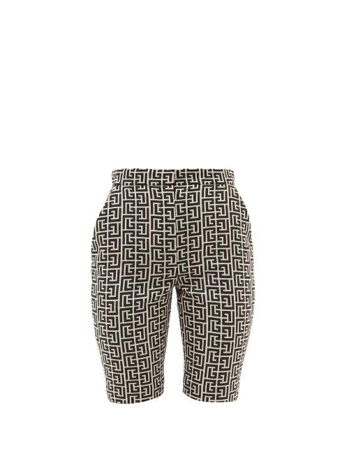 Matchesfashion.com Balmain - Monogram-jacquard Wool-blend Cycling Shorts - Womens - Black White