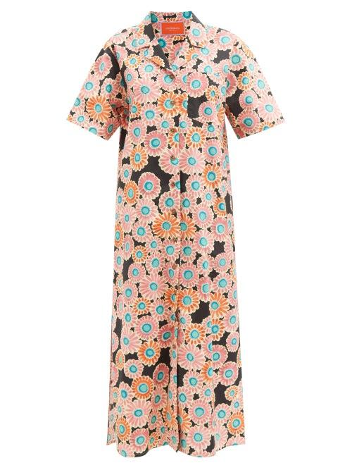 La Doublej - Bowling Side-slit Floral-print Dress - Womens - Black Print