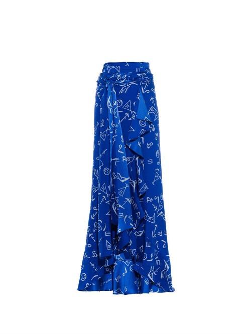 Juan Carlos Obando Alfabeto-print Ruffle-front Long Silk Skirt
