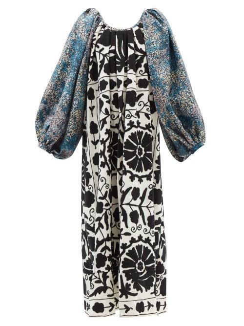 Rianna + Nina - Suzani-embroidered Cotton & Silk Midi Dress - Womens - Multi