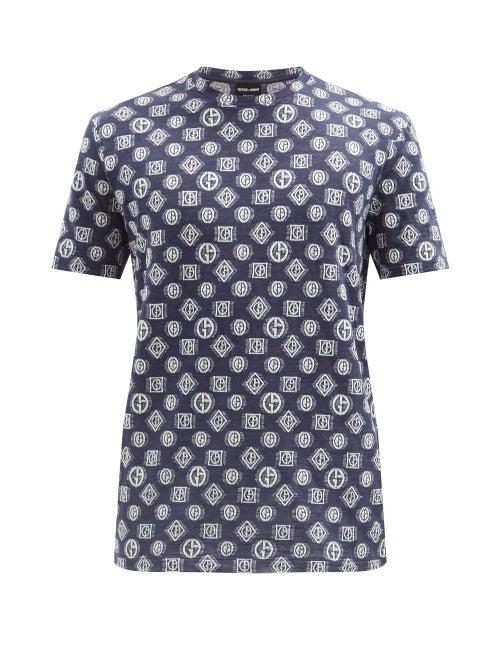 Matchesfashion.com Giorgio Armani - Logo-jacquard Crew-neck Cotton-blend T-shirt - Mens - Blue Multi