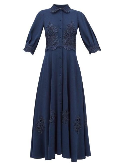 Matchesfashion.com Luisa Beccaria - Chantilly Lace Trim Cady Dress - Womens - Navy Multi