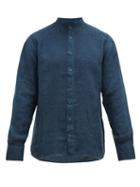 Matchesfashion.com 120% Lino - Band Collar Slubbed Linen Poplin Shirt - Mens - Navy