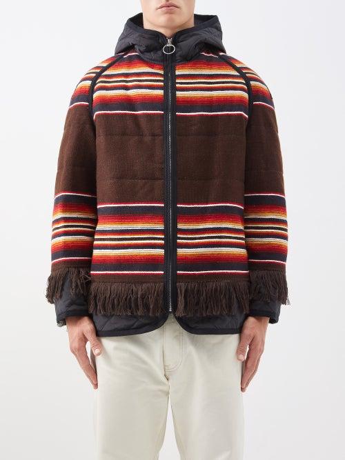 Junya Watanabe - Fringed Wool And Quilted Taffeta Hooded Jacket - Mens - Black Brown Multi
