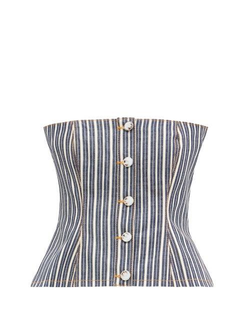 Matchesfashion.com Ganni - Striped Denim Corset Top - Womens - Denim Multi