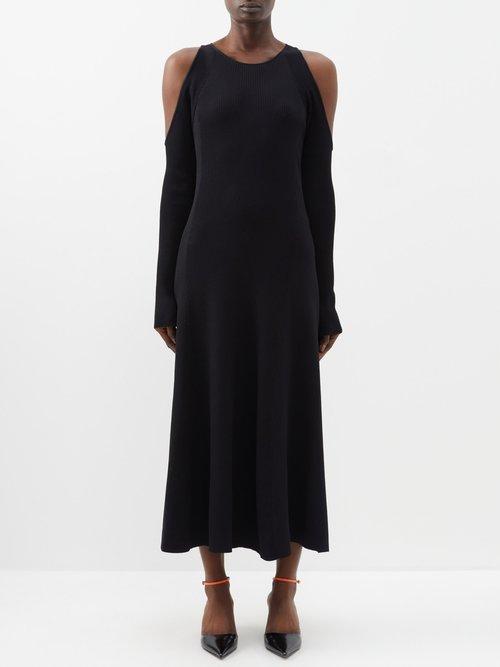 Ganni - Cutout-shoulder Knitted Midi Dress - Womens - Black