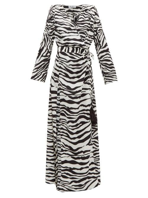 Matchesfashion.com The Attico - Zebra Print Feather Embellished Wrap Dress - Womens - Black White